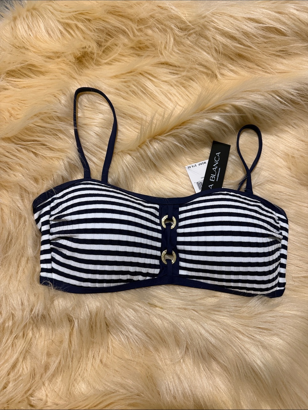 La Blanca Navy and White Striped Bandeau Crop Top with Rings size 14